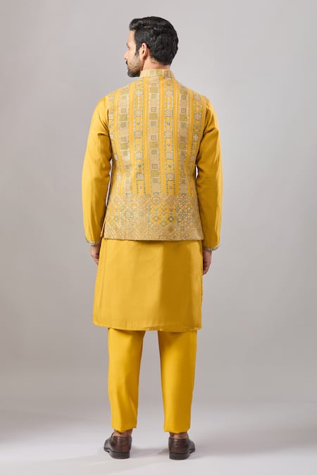 Shop_Aariyana Couture_Yellow Silk Embroidery Thread Bundi And Kurta Set _at_Aza_Fashions