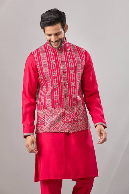Buy_Aariyana Couture_Red Silk Embroidery Geometric Bundi And Kurta Set 