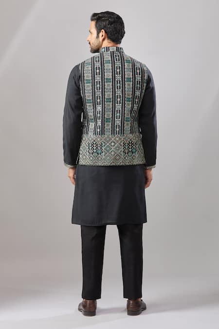 Shop_Aariyana Couture_Black Silk Embroidery Geometric Pattern Bundi And Kurta Set _at_Aza_Fashions