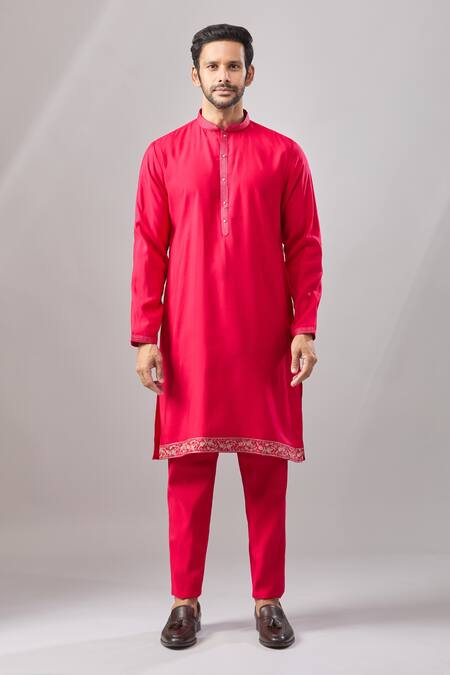 Aariyana Couture_Red Silk Zari Thread Embroidered Bundi And Kurta Set _Online_at_Aza_Fashions