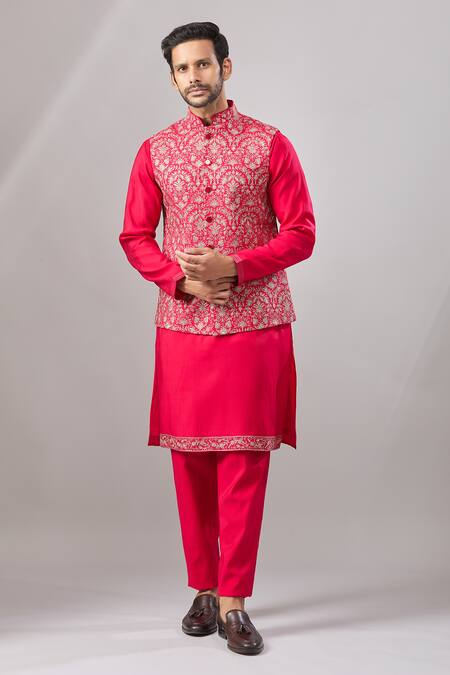 Shop_Aariyana Couture_Red Silk Zari Thread Embroidered Bundi And Kurta Set _Online_at_Aza_Fashions