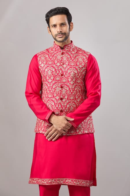 Aariyana Couture_Red Silk Zari Thread Embroidered Bundi And Kurta Set _at_Aza_Fashions