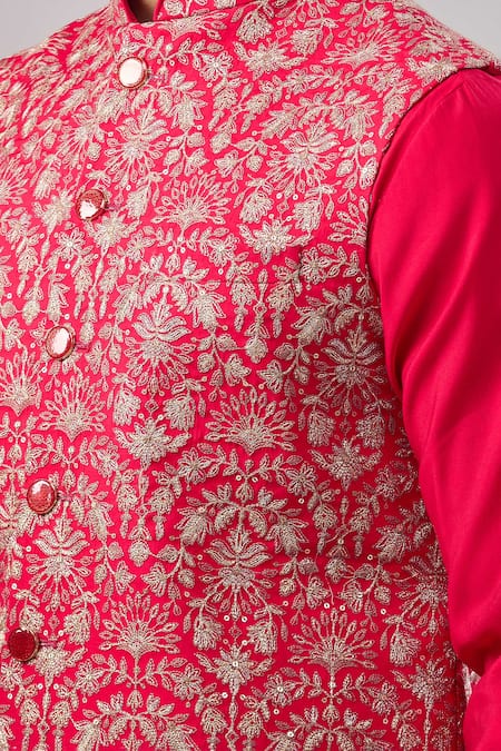 Buy_Aariyana Couture_Red Silk Zari Thread Embroidered Bundi And Kurta Set 