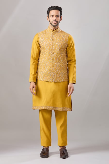 Shop_Aariyana Couture_Yellow Silk Sequins Embroidered Bundi And Kurta Set _Online_at_Aza_Fashions