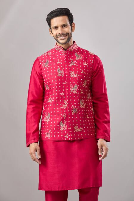 Aariyana Couture_Red Silk Mirrors Embroidered Bundi And Kurta Set _Online_at_Aza_Fashions