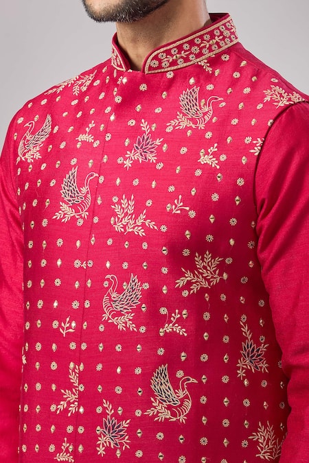 Shop_Aariyana Couture_Red Silk Mirrors Embroidered Bundi And Kurta Set _Online_at_Aza_Fashions