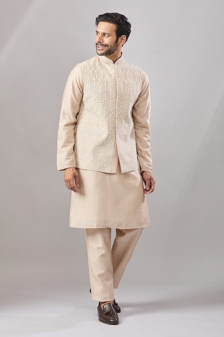 Buy_Aariyana Couture_Beige Silk Beads Embroidered Bundi And Kurta Set _Online_at_Aza_Fashions