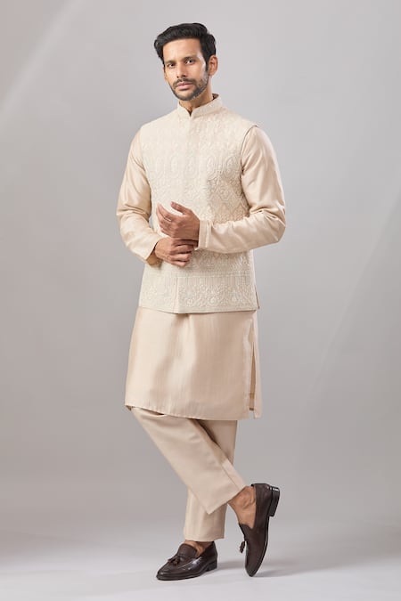 Shop_Aariyana Couture_Beige Silk Beads Embroidered Bundi And Kurta Set _Online_at_Aza_Fashions