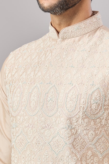 Aariyana Couture_Beige Silk Beads Embroidered Bundi And Kurta Set _at_Aza_Fashions