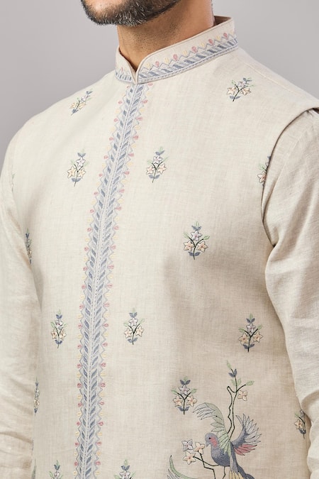 Buy Aariyana Couture Beige Linen Embroidery Bird Bundi And Kurta Set Buy_Aariyana Couture_Beige Linen Embroidery Bird Bundi And Kurta Set