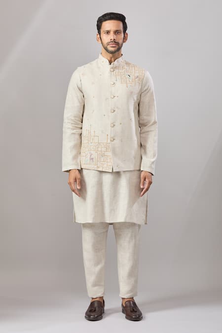 Buy Aariyana Couture Beige Linen Embroidery Geometric Pattern Bundi And Kurta Set Online at Aza Fashions Buy_Aariyana Couture_Beige Linen Embroidery Geometric Pattern Bundi And Kurta Set _Online_at_Aza_Fashions