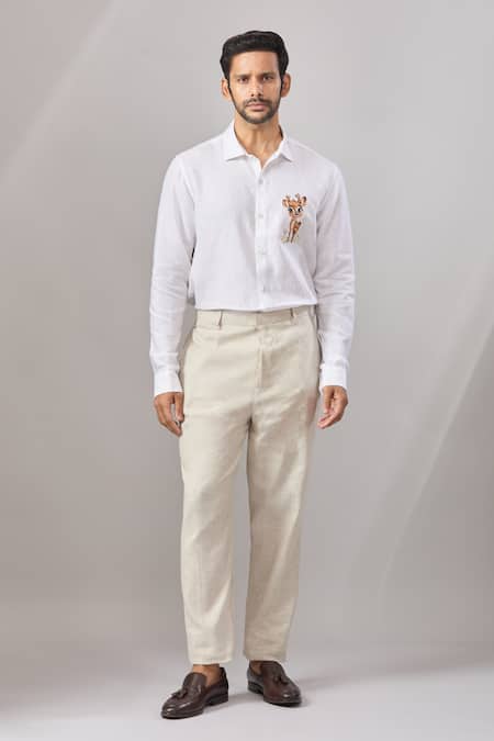 Aariyana Couture_White Linen Embroidery Deer Placement Casual Shirt _Online_at_Aza_Fashions