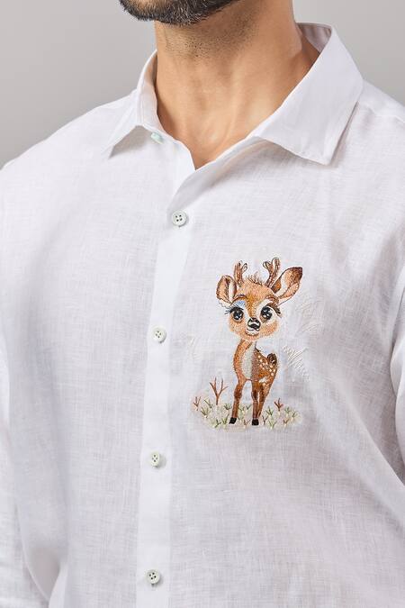 Buy_Aariyana Couture_White Linen Embroidery Deer Placement Casual Shirt _Online_at_Aza_Fashions