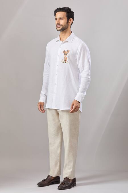 Shop_Aariyana Couture_White Linen Embroidery Deer Placement Casual Shirt _Online_at_Aza_Fashions