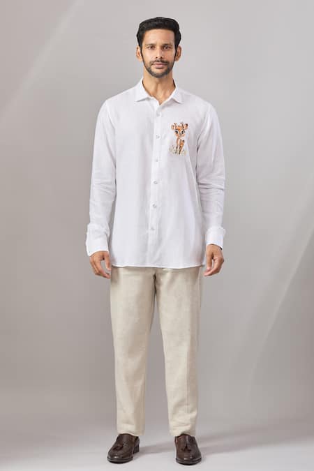Aariyana Couture_White Linen Embroidery Deer Placement Casual Shirt _at_Aza_Fashions
