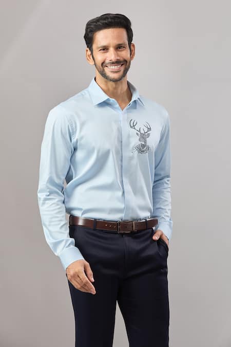 Aariyana Couture Blue Cotton Embroidery Thread Placement Shirt 