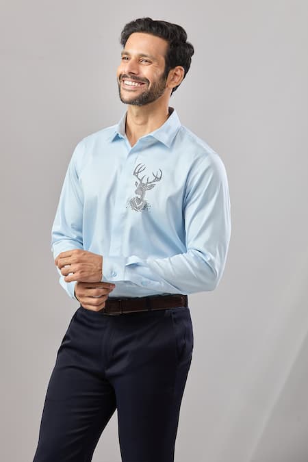 Aariyana Couture Blue Cotton Embroidery Thread Placement Shirt at Aza Fashions Aariyana Couture_Blue Cotton Embroidery Thread Placement Shirt _at_Aza_Fashions