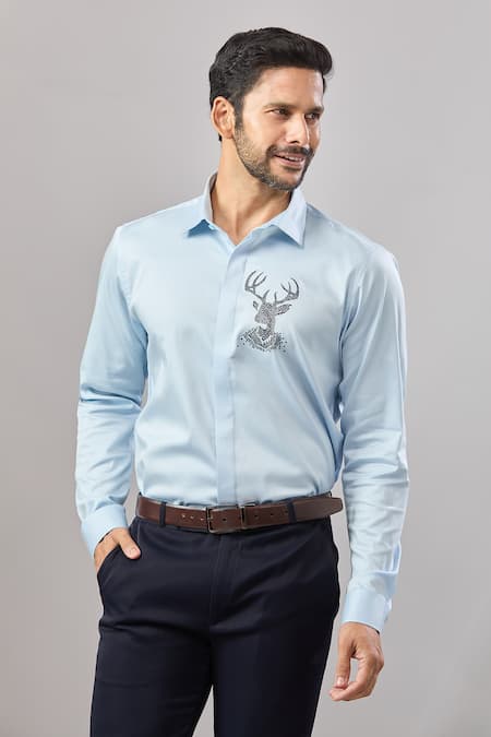 Buy Aariyana Couture Blue Cotton Embroidery Thread Placement Shirt Buy_Aariyana Couture_Blue Cotton Embroidery Thread Placement Shirt