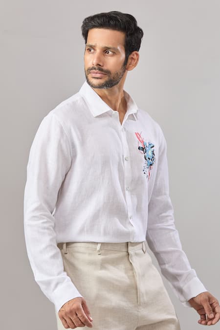 Aariyana Couture White Linen Embroidery Tortoise Placement Casual Shirt Online at Aza Fashions Aariyana Couture_White Linen Embroidery Tortoise Placement Casual Shirt _Online_at_Aza_Fashions