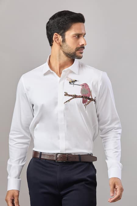 Aariyana Couture White Cotton Embroidery Bird Placement Casual Shirt Online at Aza Fashions Aariyana Couture_White Cotton Embroidery Bird Placement Casual Shirt _Online_at_Aza_Fashions