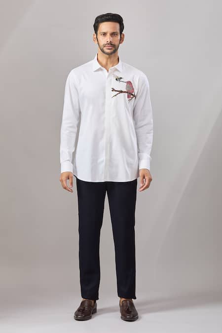 Buy Aariyana Couture White Cotton Embroidery Bird Placement Casual Shirt Online at Aza Fashions Buy_Aariyana Couture_White Cotton Embroidery Bird Placement Casual Shirt _Online_at_Aza_Fashions