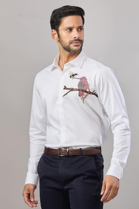 Shop Aariyana Couture White Cotton Embroidery Bird Placement Casual Shirt Online at Aza Fashions Shop_Aariyana Couture_White Cotton Embroidery Bird Placement Casual Shirt _Online_at_Aza_Fashions
