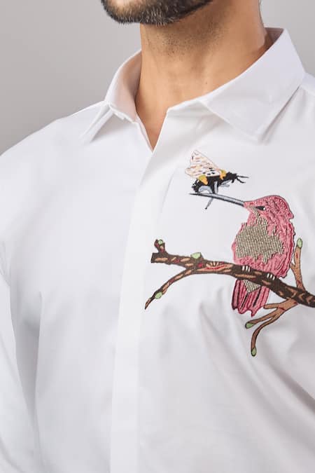 Aariyana Couture White Cotton Embroidery Bird Placement Casual Shirt at Aza Fashions Aariyana Couture_White Cotton Embroidery Bird Placement Casual Shirt _at_Aza_Fashions
