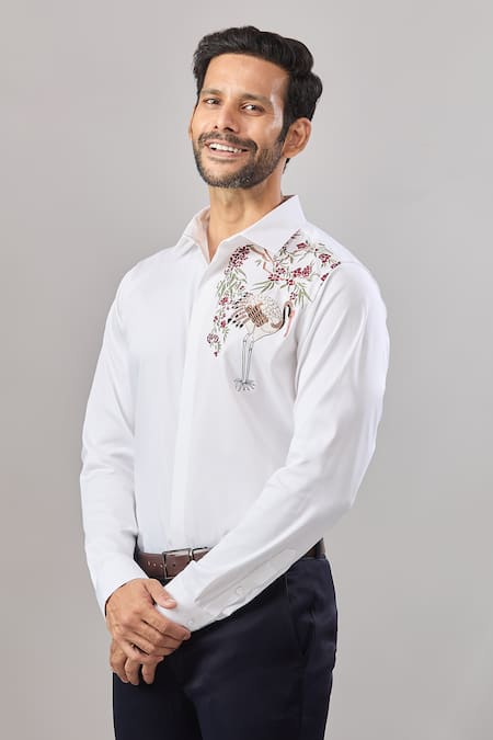 Buy_Aariyana Couture_White Cotton Embroidery Flamingo Placement Shirt _Online_at_Aza_Fashions
