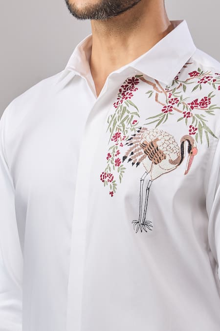 Shop_Aariyana Couture_White Cotton Embroidery Flamingo Placement Shirt _Online_at_Aza_Fashions