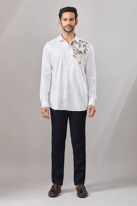 Aariyana Couture_White Cotton Embroidery Flamingo Placement Shirt _at_Aza_Fashions
