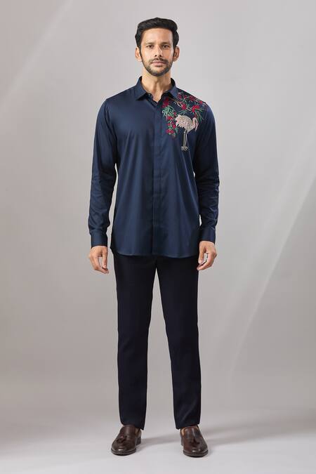 Aariyana Couture Navy Cotton Embroidery Flamingo Bird Casual Shirt Online at Aza Fashions Aariyana Couture_Navy Cotton Embroidery Flamingo Bird Casual Shirt _Online_at_Aza_Fashions