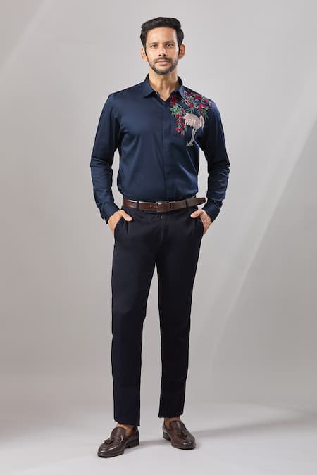 Buy Aariyana Couture Navy Cotton Embroidery Flamingo Bird Casual Shirt Online at Aza Fashions Buy_Aariyana Couture_Navy Cotton Embroidery Flamingo Bird Casual Shirt _Online_at_Aza_Fashions