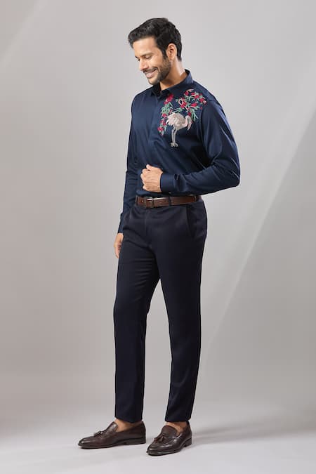 Shop Aariyana Couture Navy Cotton Embroidery Flamingo Bird Casual Shirt Online at Aza Fashions Shop_Aariyana Couture_Navy Cotton Embroidery Flamingo Bird Casual Shirt _Online_at_Aza_Fashions