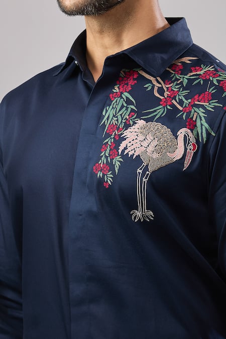 Aariyana Couture Navy Cotton Embroidery Flamingo Bird Casual Shirt at Aza Fashions Aariyana Couture_Navy Cotton Embroidery Flamingo Bird Casual Shirt _at_Aza_Fashions