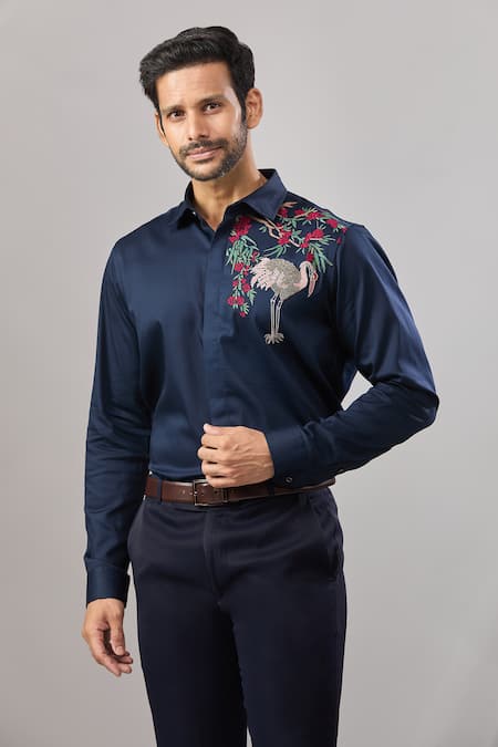 Aariyana Couture Navy Cotton Embroidery Flamingo Bird Casual Shirt 