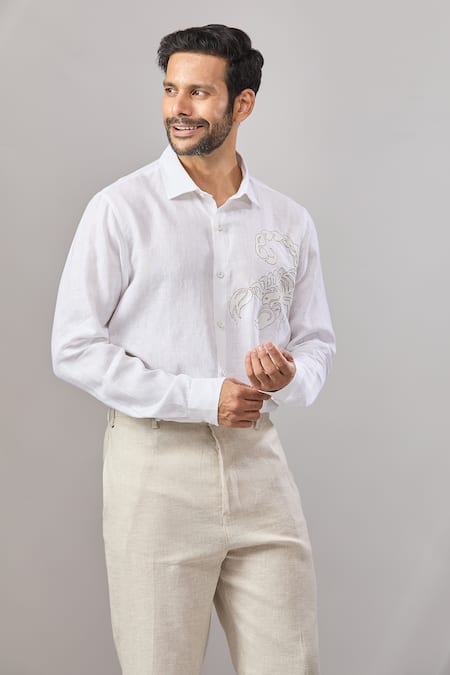Shop Aariyana Couture White Linen Embroidery Lobster Placement Casual Shirt Online at Aza Fashions Shop_Aariyana Couture_White Linen Embroidery Lobster Placement Casual Shirt _Online_at_Aza_Fashions