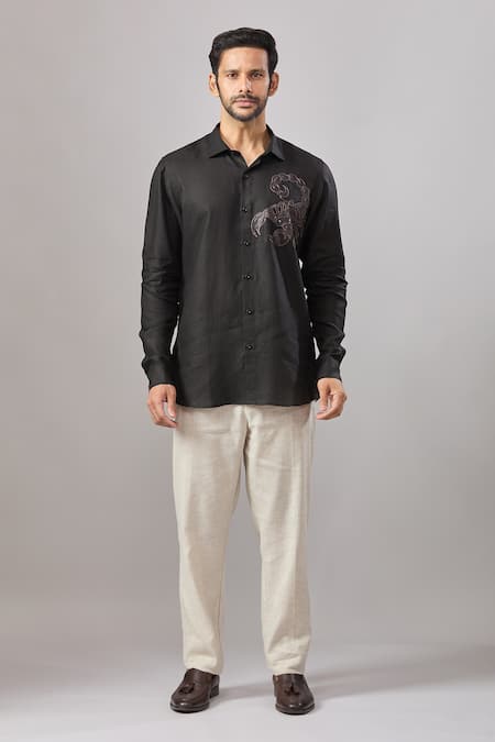 Aariyana Couture_Black Cotton Sequins, Embroidery Placement Casual Shirt _at_Aza_Fashions