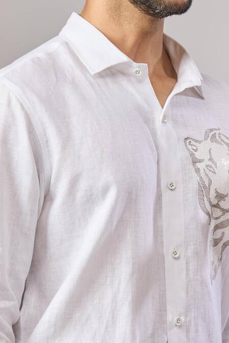 Aariyana Couture White Cotton Embroidery Tiger Placement Casual Shirt Online at Aza Fashions Aariyana Couture_White Cotton Embroidery Tiger Placement Casual Shirt_Online_at_Aza_Fashions