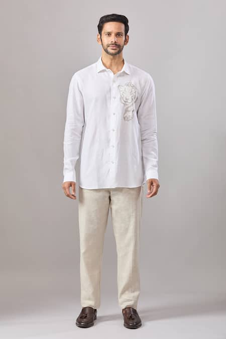 Buy Aariyana Couture White Cotton Embroidery Tiger Placement Casual Shirt Online at Aza Fashions Buy_Aariyana Couture_White Cotton Embroidery Tiger Placement Casual Shirt_Online_at_Aza_Fashions