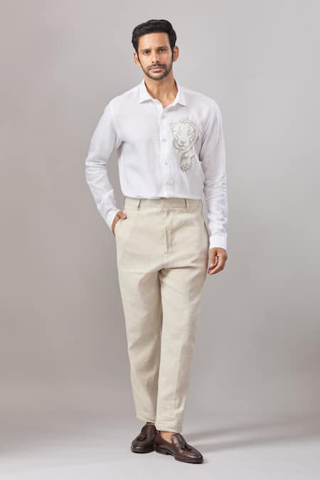 Shop Aariyana Couture White Cotton Embroidery Tiger Placement Casual Shirt Online at Aza Fashions Shop_Aariyana Couture_White Cotton Embroidery Tiger Placement Casual Shirt_Online_at_Aza_Fashions