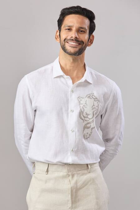 Aariyana Couture White Cotton Embroidery Tiger Placement Casual Shirt at Aza Fashions Aariyana Couture_White Cotton Embroidery Tiger Placement Casual Shirt_at_Aza_Fashions