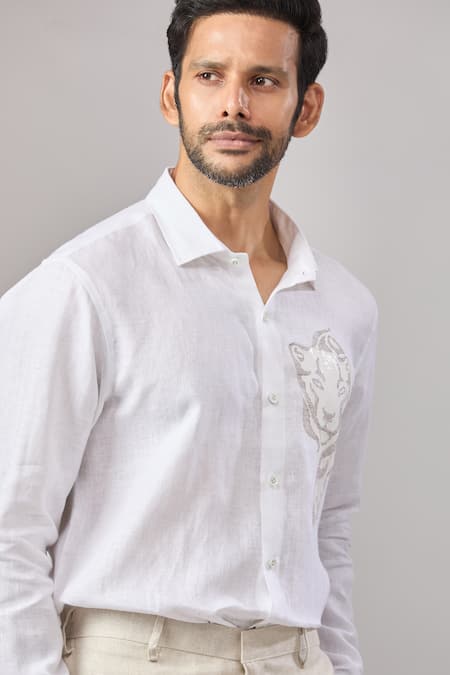 Buy Aariyana Couture White Cotton Embroidery Tiger Placement Casual Shirt Buy_Aariyana Couture_White Cotton Embroidery Tiger Placement Casual Shirt