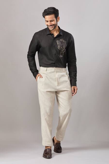 Aariyana Couture_Black Cotton Embroidery Animal Placement Casual Shirt _Online_at_Aza_Fashions