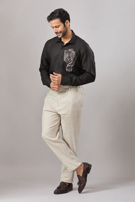 Buy_Aariyana Couture_Black Cotton Embroidery Animal Placement Casual Shirt _Online_at_Aza_Fashions