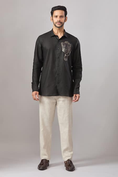 Shop_Aariyana Couture_Black Cotton Embroidery Animal Placement Casual Shirt _Online_at_Aza_Fashions