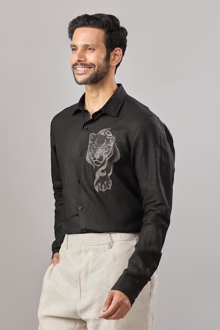 Aariyana Couture Black Cotton Embroidery Animal Placement Casual Shirt 