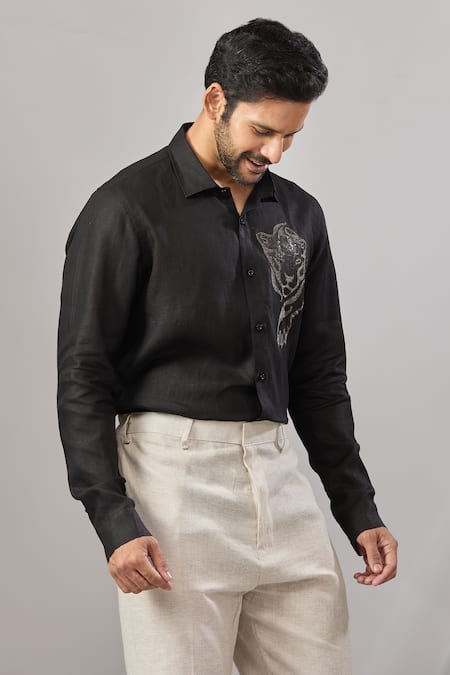 Aariyana Couture_Black Cotton Embroidery Animal Placement Casual Shirt _at_Aza_Fashions