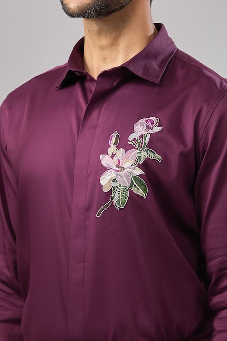 Aariyana Couture_Burgundy Cotton Embroidery Resham Floral Placement Shirt _Online_at_Aza_Fashions