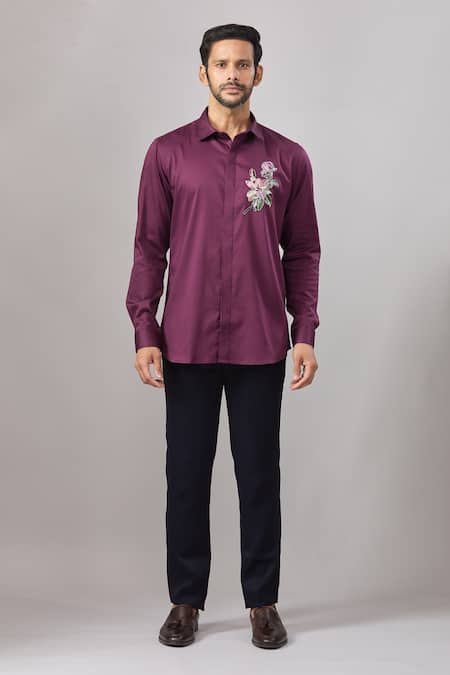 Buy_Aariyana Couture_Burgundy Cotton Embroidery Resham Floral Placement Shirt _Online_at_Aza_Fashions