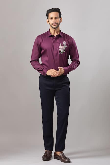 Shop_Aariyana Couture_Burgundy Cotton Embroidery Resham Floral Placement Shirt _Online_at_Aza_Fashions